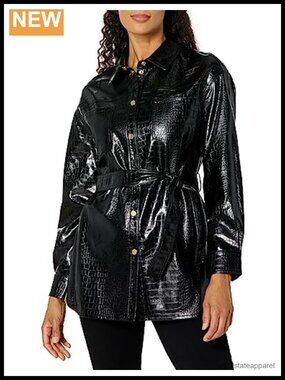 Faux Leather Crocodile Pattern Belted Blouson Jacket Women's Long Sleeve